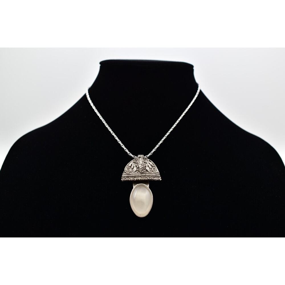 Rebecca Collins Pendant Necklace Frosted Cabochon Silver Tone Chain Signed BinBE